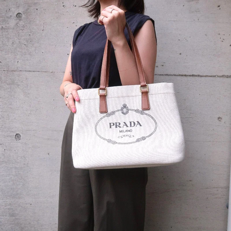 PRADA Logo Canvas Linen Leather Tote Bag Ivory Brown IBG356