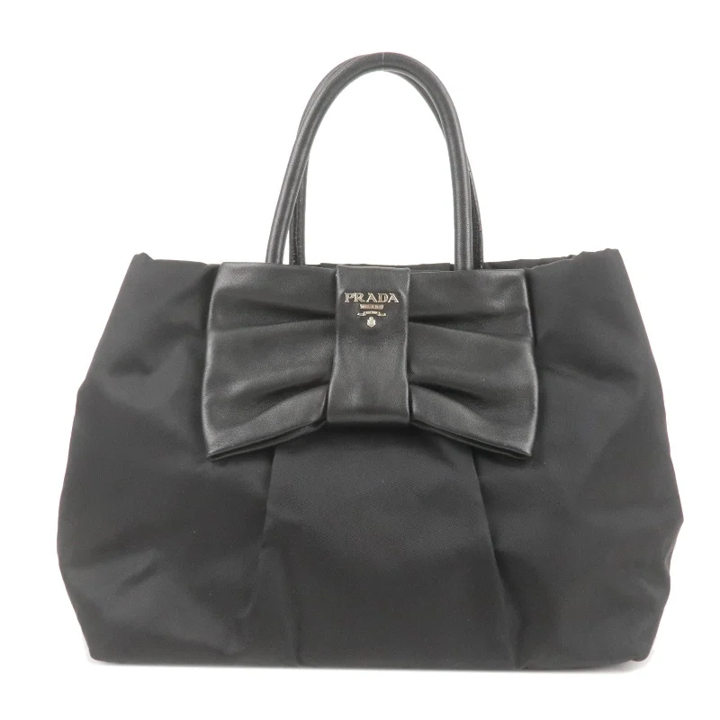 PRADA Logo Nylon Leather Ribbon Tote Bag Black NERO BN1601