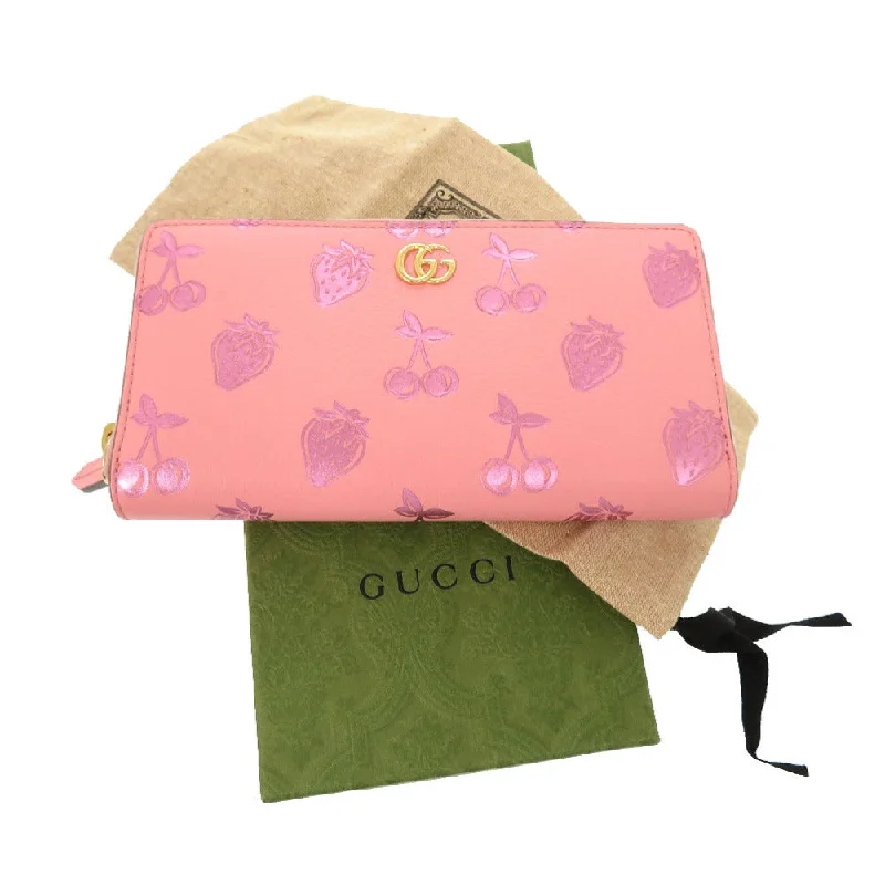 GUCCI Long Wallet Purse 456117 leather pink Cherry Strawberry GG Women Used