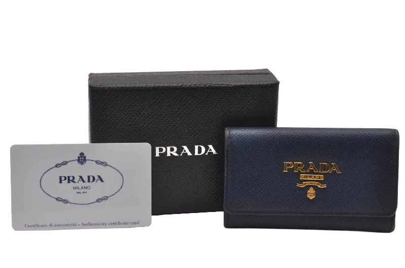 Authentic PRADA SAFFIANO METAL Leather 4 Hooks Key Case 1PG004 Navy Box 5457J