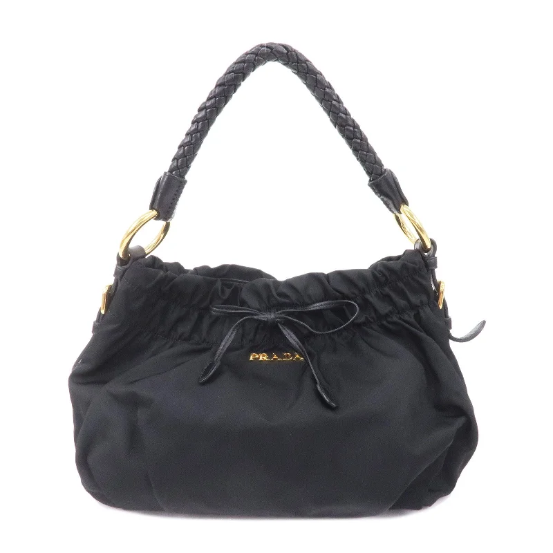 PRADA Nylon Leather Gather Hand Bag Shoulder Bag Black