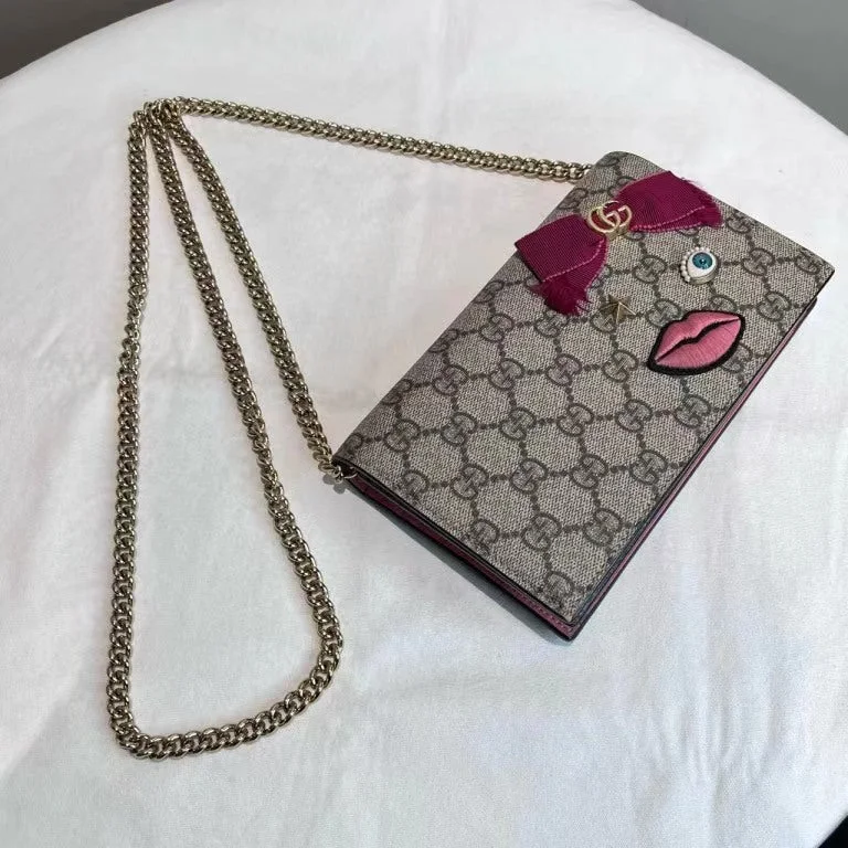 Gucci GG Monogram Beige Face Embroidered Chain Wallet