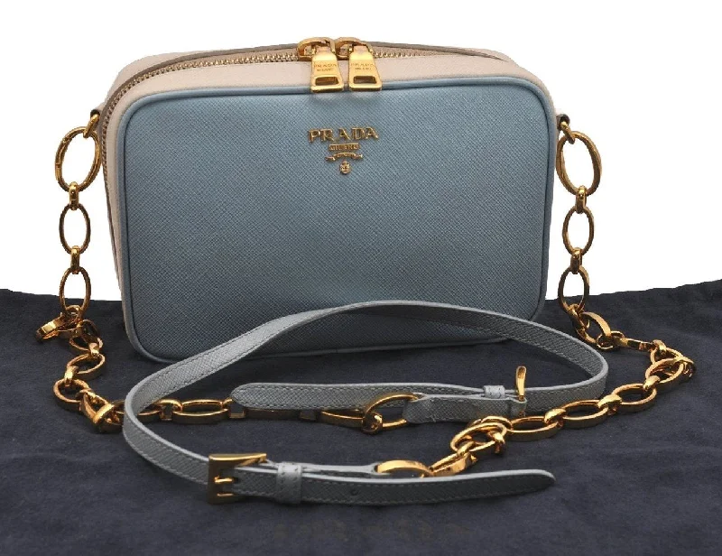 Auth PRADA Saffiano Leather Chain Wallet Shoulder Cross Bag Light Blue 5877J