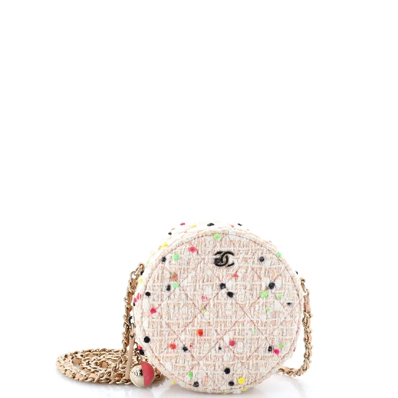 Charm Round Clutch with Chain Quilted Tweed