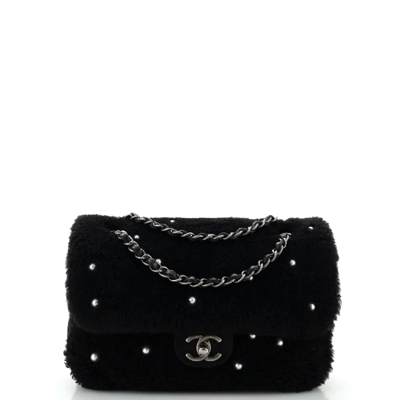 CC Chain Flap Bag Pearl Embellished Shearling Medium