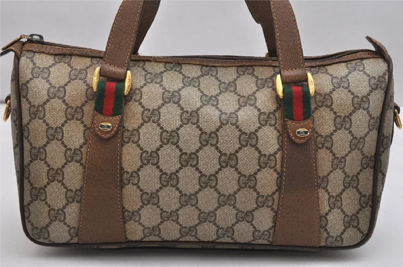 Authentic GUCCI Web Sherry Line 2Way Hand Bag GG PVC Leather Brown Junk 1020K