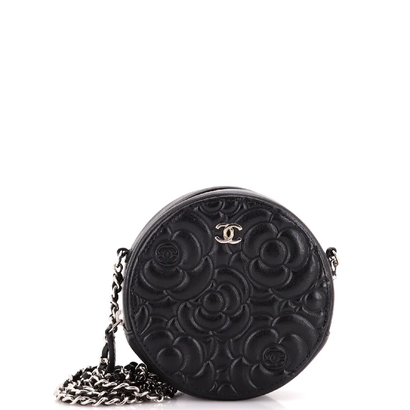 Round Clutch with Chain Camellia Goatskin Mini