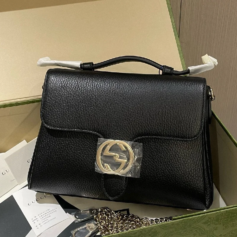 Gucci Black Leather Top Handle Messenger Bag Medium