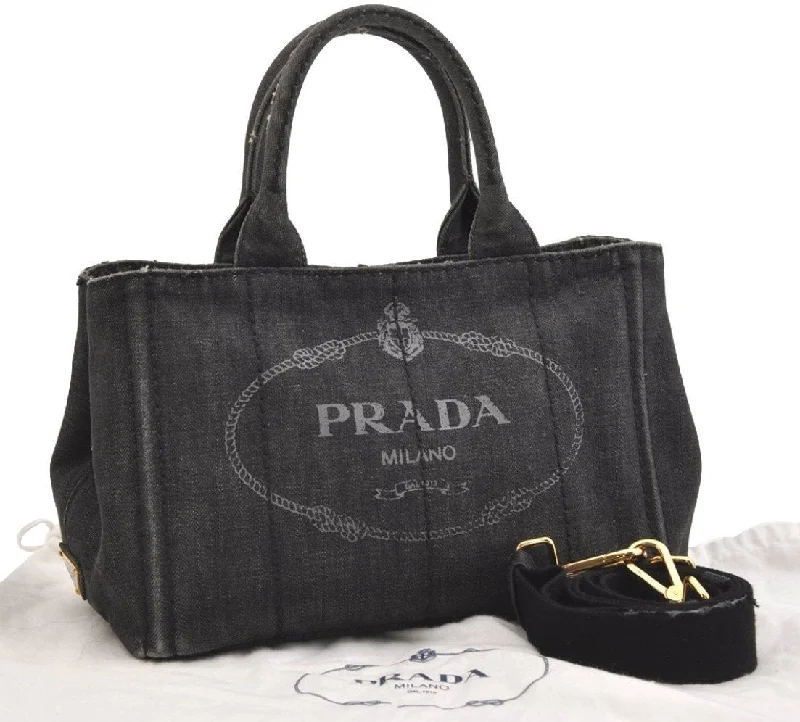 Authentic PRADA Vintage Canapa SS Denim 2Way Shoulder Hand Bag Purse Gray 5485J