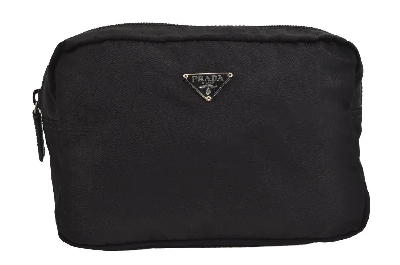 Authentic PRADA Vintage Nylon Tessuto Leather Cosmetic Pouch Purse Black 6409J