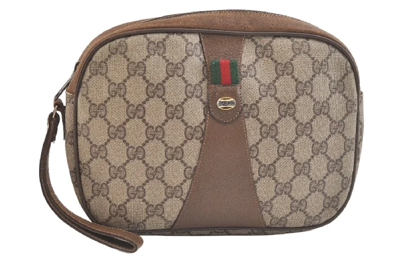 Authentic GUCCI Web Sherry Line Clutch Hand Bag Purse GG PVC Leather Brown 3252K