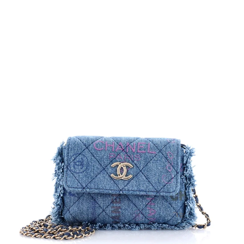 Denim Mood Flap Clutch with Chain Logo Printed Quilted Fringe Denim