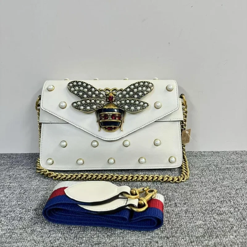 Gucci Broadway Bee White Pearl Embellished Leather Shoulder Bag