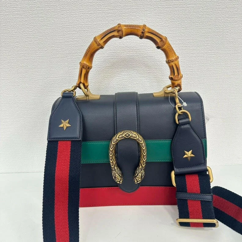 Gucci Dionysus Bamboo 2way Leather Bag - Black/Green/Red, Medium HandBag with Gold Hardware