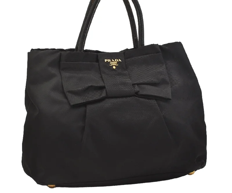 Authentic PRADA Vintage Ribbon Nylon Tessuto Leather Tote Hand Bag Black 6989J