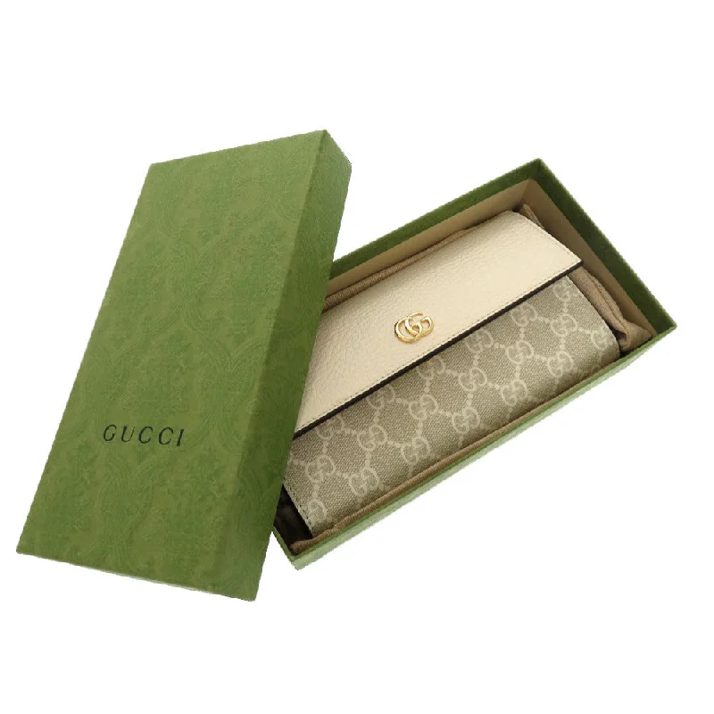 GUCCI Long Wallet Purse 456116 GG Supreme, Leather beige Bifold Continental Wallet GG Marmont Women Used