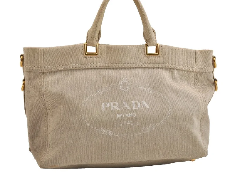 Authentic PRADA Vintage Canvas 2Way Shoulder Tote Bag Beige 6404J