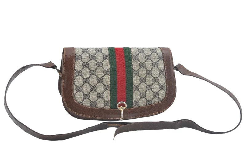 Authentic GUCCI Web Sherry Line Shoulder Cross Bag GG PVC Leather Brown L0537