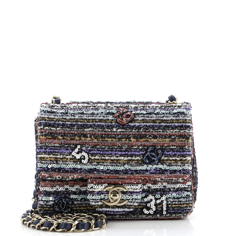 Square Classic Single Flap Bag CC Sequin Embellished Mixed Fibers Mini