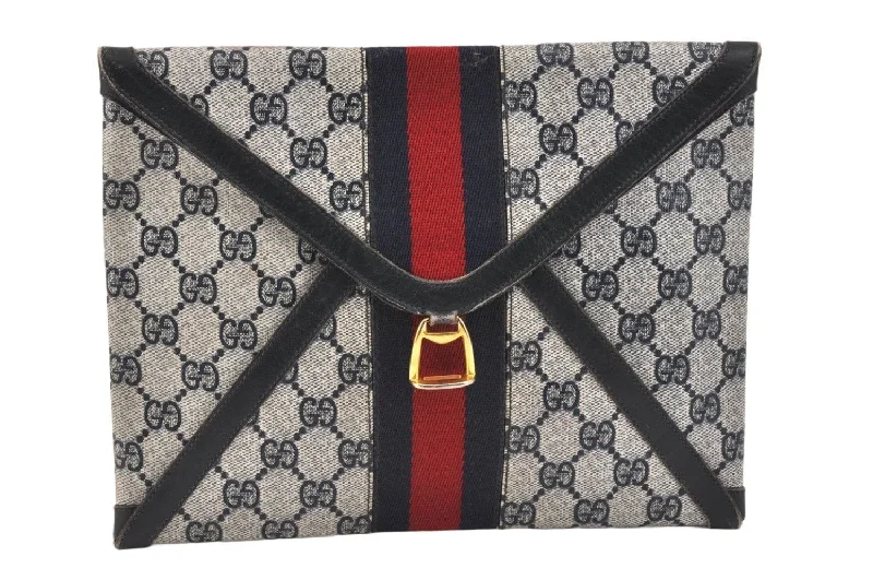 Authentic GUCCI Sherry Line Clutch Hand Bag Purse GG PVC Leather Navy Blue 3254K