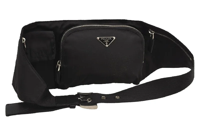 Authentic PRADA Vintage Nylon Tessuto Leather Waist Body Bag Purse Black 4652J