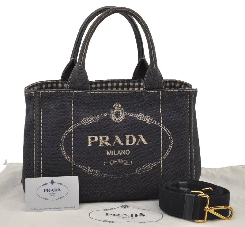 Authentic PRADA CANAPA SS Denim 2Way Shoulder Hand Bag 1BG439 Navy Blue 6984J