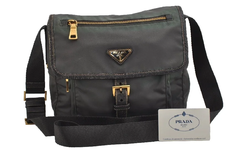 Authentic PRADA Nylon Tessuto Leather Shoulder Cross Body Bag Purse Green 5540J