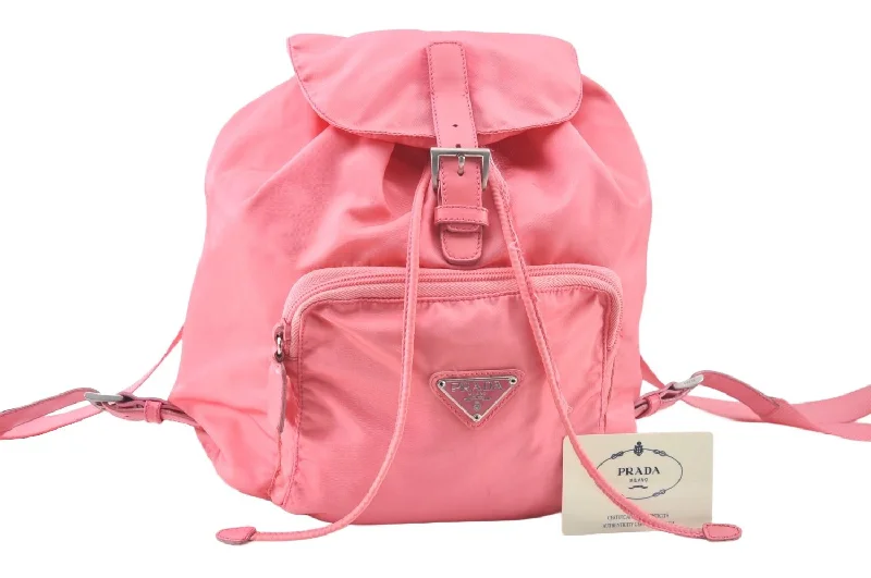 Authentic PRADA Saffiano Nylon Tessuto Leather Drawstring Backpack Pink 6785J