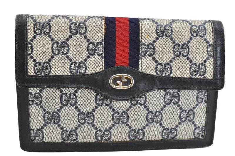 Authentic GUCCI Vintage Sherry Line Pouch Purse GG PVC Leather Navy Blue 1266K