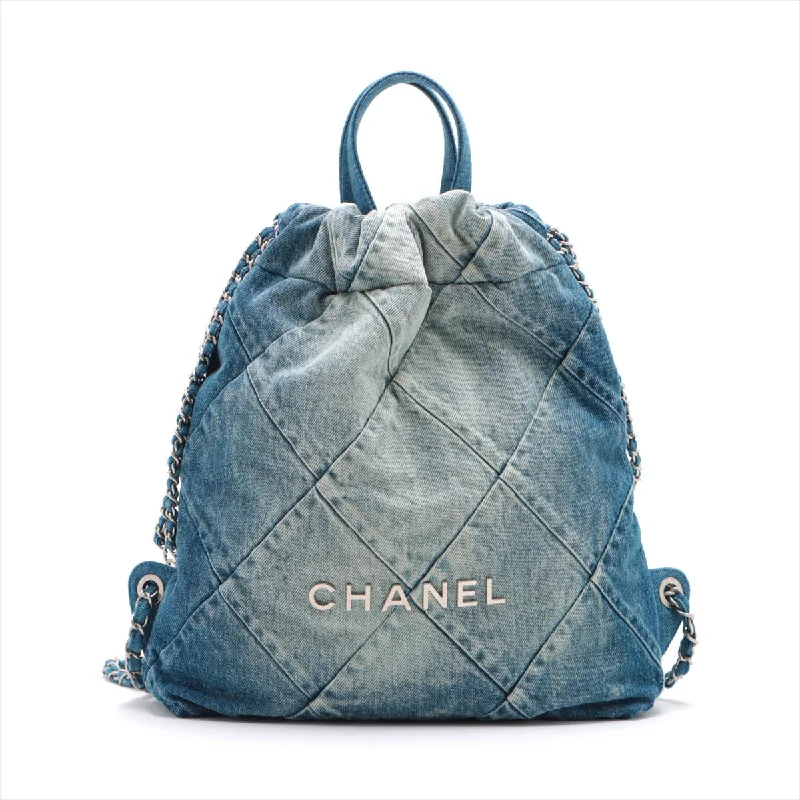 Chanel 22 Backpack Denim Chainsaw Blue Silver  AS3859