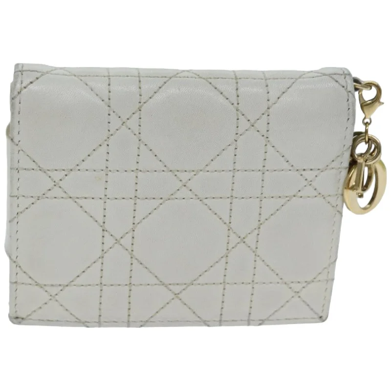 CHRISTIAN DIOR Lady Dior Canage Amur Bifold Wallet Lamb Skin White Auth hk1281