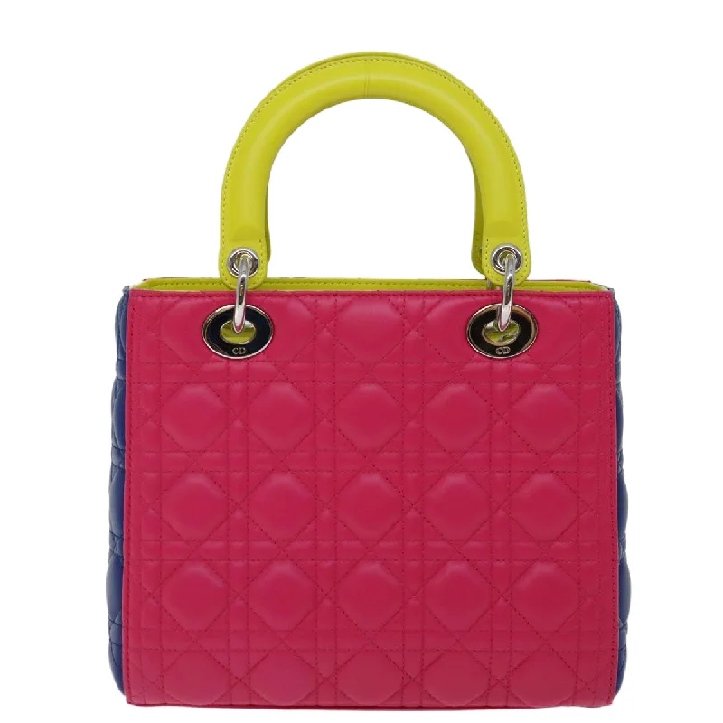 CHRISTIAN DIOR Lady Dior Canage Hand Bag Lamb Skin Blue Pink Auth 70762S