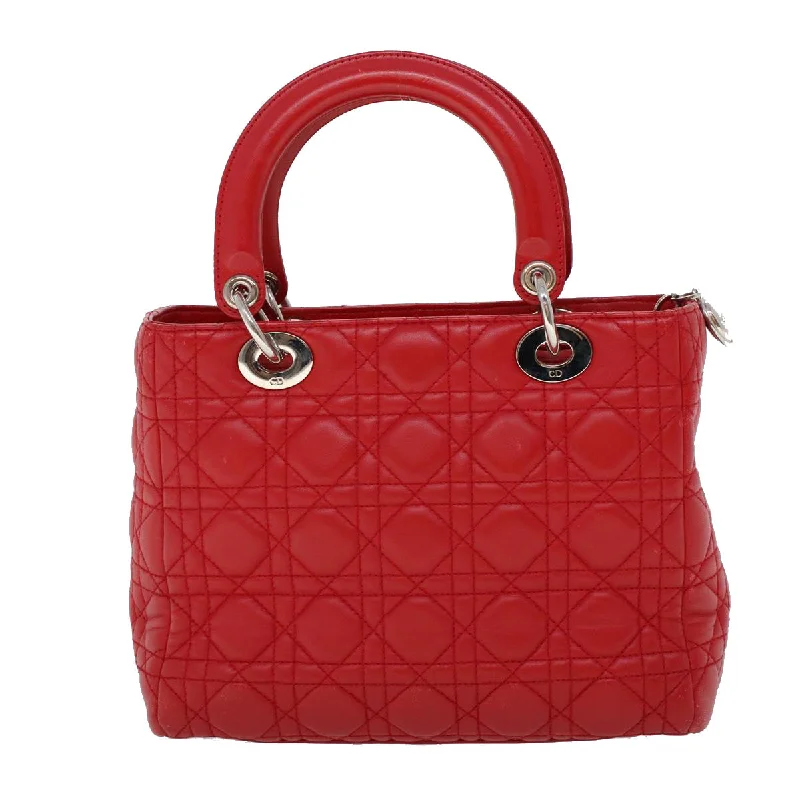 CHRISTIAN DIOR Lady Dior Canage Hand Bag Lamb Skin Red Auth 32628A