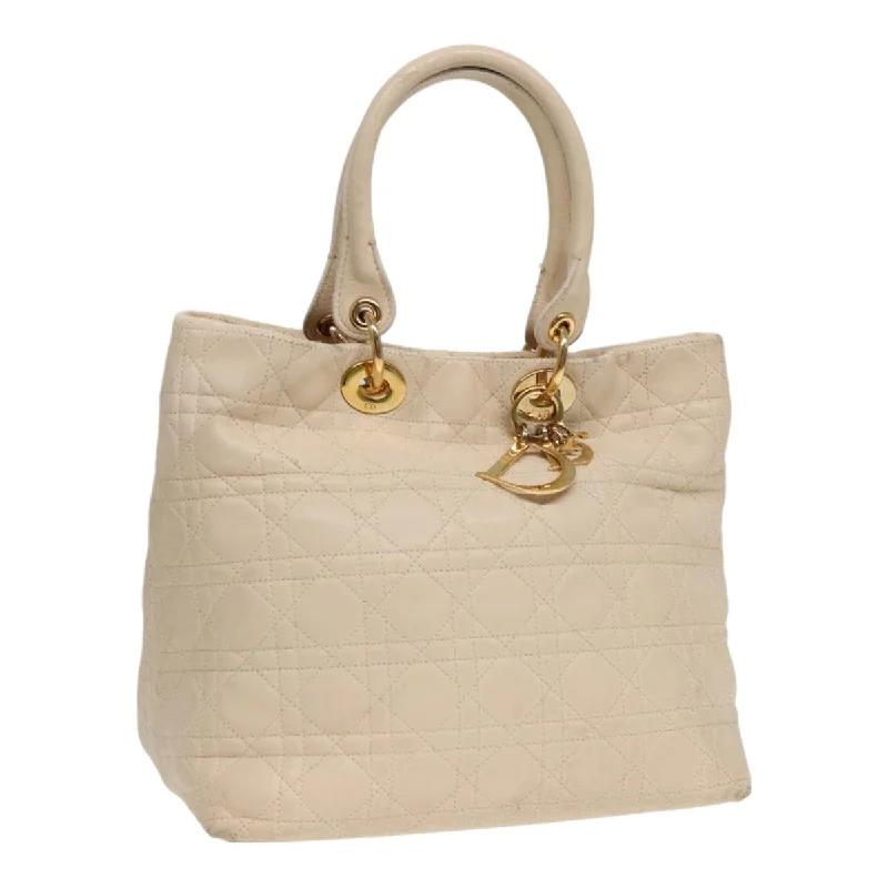 CHRISTIAN DIOR Lady Dior Canage Hand Bag Leather Cream Gold Auth bs17094