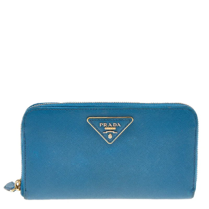 Prada Blue Saffiano Leather Zip Around Wallet